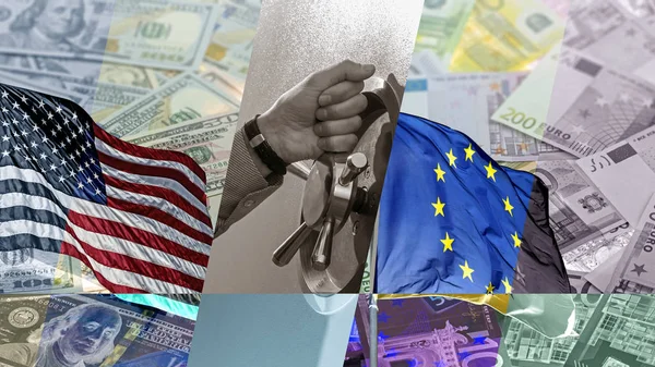 Collage met Amerikaanse vlag Amerikaanse dollars, Europese Unie vlag, Euro en een hand op het handvat van een grote kluis deur — Stockfoto