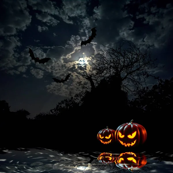말린된 나무 달의 배경으로 끔찍한 밤 풍경에 물 근처 두 할로윈 호박의 일러스트는 밤하늘에 박쥐와 어두운 구름을 통해 등장 — 스톡 사진