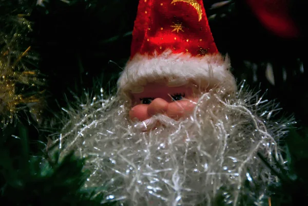New Year Toy Santa Claus Tree Festive Tinsel Close — Stock Photo, Image