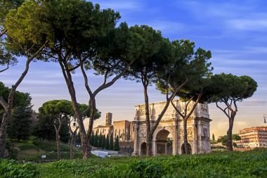 Arch of Constantine (Italian: Arco di Costantino) is a triumphal arch in Rome situated between the Colosseum and the Palatine Hill. High beautiful green pine-trees on foreground clipart