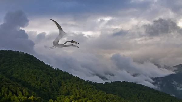 Pterodáctilo Voando Nevoeiro Uma Montanha Arborizada — Fotografia de Stock