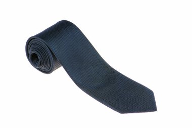 zarif şık bir kravat closeup haddelenmiş ve koyu mavi kravat, beyaz bir arka plan izole