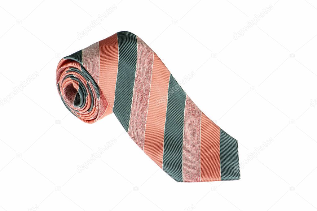 closeup of an elegant stylish tie rolled and isolated on a white background, orange and gray striped tie