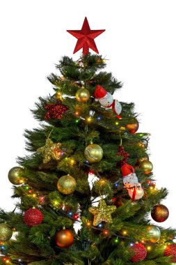 Üstünde tepe-in bu ve dekorasyon ışıklar ve beyaz arka plan üzerinde izole küçük kolye ile büyük kırmızı yıldız ile Noel ağacı