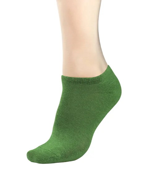 Κάλτσα Πράσινη Αστράγαλο Στη Γυναίκα Πόδια Απομονωθεί Λευκό Φόντο — Φωτογραφία Αρχείου