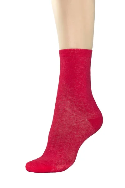 Κόκκινη Κάλτσα Στο Πόδι Γυναίκα Απομονώνονται Λευκό Φόντο — Φωτογραφία Αρχείου