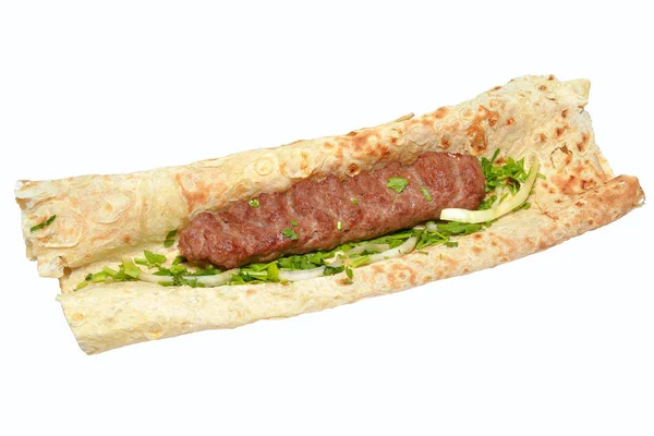 Hovězí Kebab Lavash Izolovaných Bílém Pozadí — Stock fotografie
