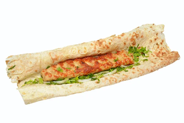Kebab Kurczaka Białym Tle Lawasz — Zdjęcie stockowe
