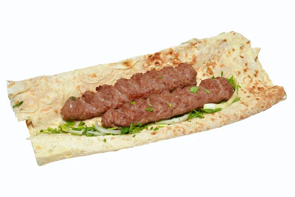 Rundvlees Kebab Lavash Geïsoleerd Witte Achtergrond — Stockfoto