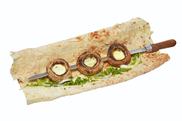 Paddestoel Barbecue Lavash Geïsoleerd Witte Achtergrond — Stockfoto