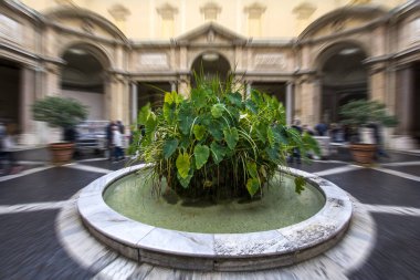 Soyut Radyal Vatican Museums yuvarlak havuzlu Octogonal patio bir merkezinde yeşil bitkiler ile bulanık. Vatikan Şehri, İtalya