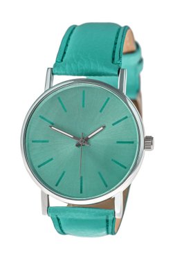 Krom kaplama metal kol saati masmavi arama ve deri dikişli kelepçe beyaz zemin üzerine izole logolar kaldırıldı. Logo ve metin için kullanılabilir alanı