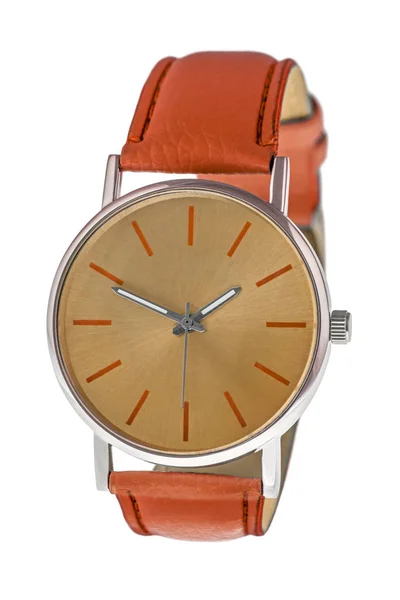 Chromium Plated Metal Wristwatch Orange Dial Leather Stitched Wristlet Isolated — Stock Photo, Image