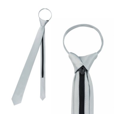 şık dar gri kravat beyaz arka plan üzerinde pretied zayıf erkekler boyun kravat düz renk fermuar kravat izole bağlı