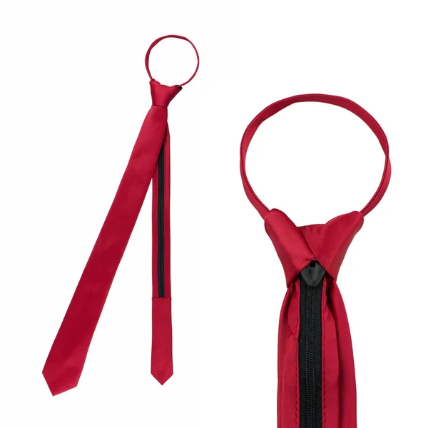 stylish narrow tied red tie isolated on white background, pretied skinny men\'s neck tie solid color zipper necktie