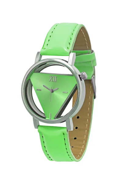 Stylowe Oryginalne Chromowane Metalowe Damskie Zegarek Zieloną Tarczą Trójkątne Skórzane — Zdjęcie stockowe