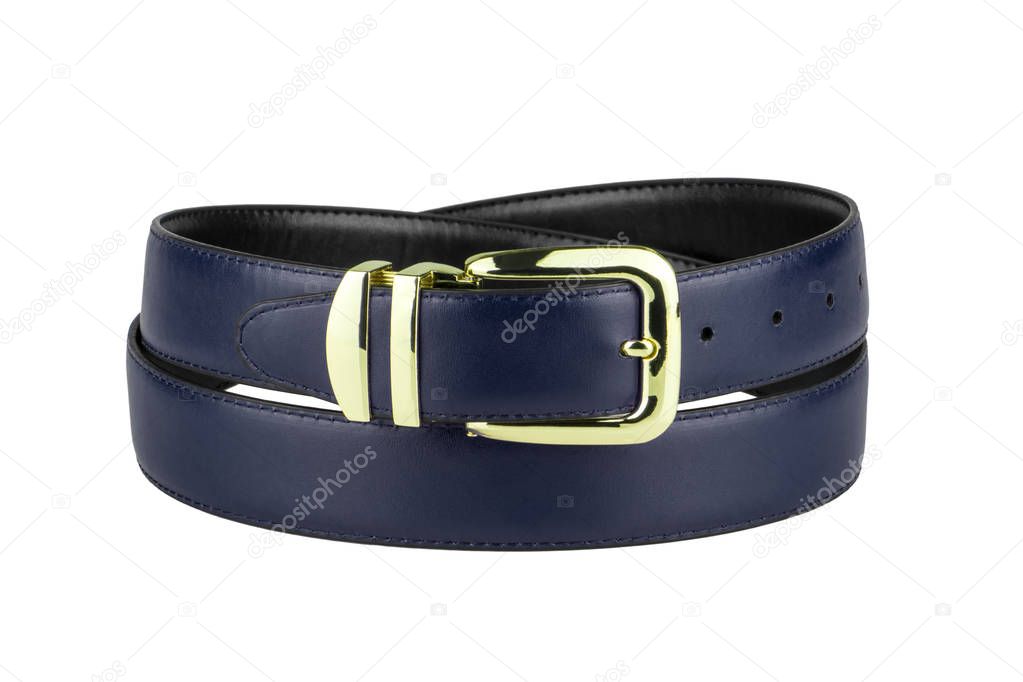 fastened fashionable men's navy blue leather belt with golden buckle isolated on white background
