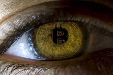 Kripto para birimi altın Bitcoin, Btc, Bit sikke. Makro çekim Bitcoin. Göz bitcoin para olan bir kişinin içinde öğrenci yansıtıyordu. Blockchain teknoloji, bitcoin incelemesi kavramı