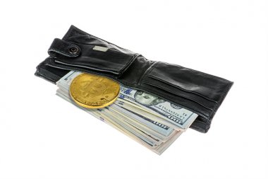 Gold Bitcoin and money in a black leather purse isolated on a white background. Bitcoin golden coin New virtual money with US dollars clipart