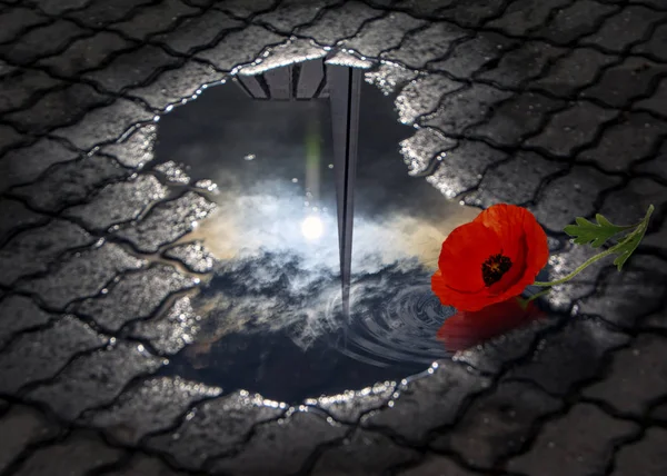 Tsitsernakaberd Memorial Monument Armenian Genocide Sun Dramatic Clouds Reflected Puddle — Stock Photo, Image