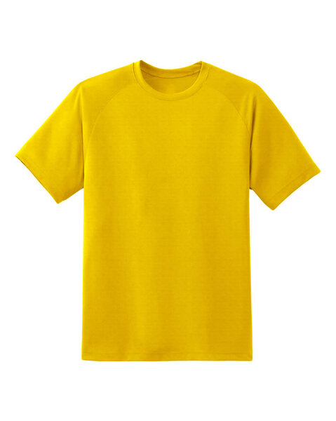 Желтый гладкорукавный хлопковый Т-образный на белом фоне. Стильная рубашка круглого воротника
