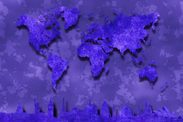 Mapa Mundo Roxo Fundo Abstrato Com Silhuetas Marcos Mundiais Famosos — Fotografia de Stock