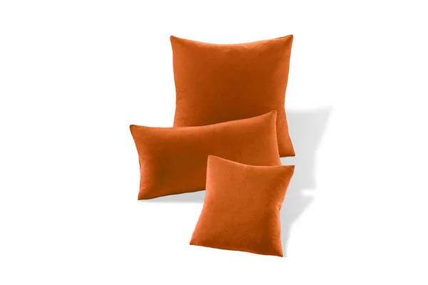 Drie Oranje Zachte Kussens Geïsoleerd Witte Achtergrond — Stockfoto