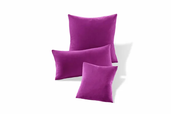 Tres Almohadas Suaves Color Rosa Oscuro Aisladas Sobre Fondo Blanco — Foto de Stock