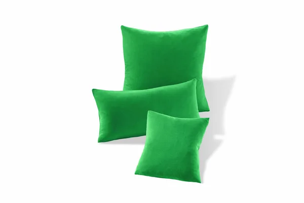 Drie Groene Zachte Kussens Geïsoleerd Witte Achtergrond — Stockfoto