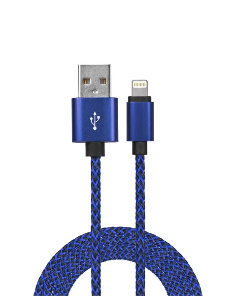 白色背景上隔离的圆形增强电缆的电话用蓝色 Usb — 图库照片