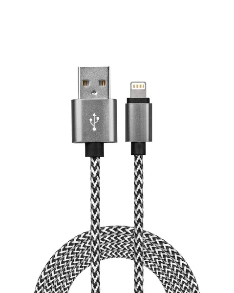 Silver USB cable for phone with rounded reinforced cable isolated on white background