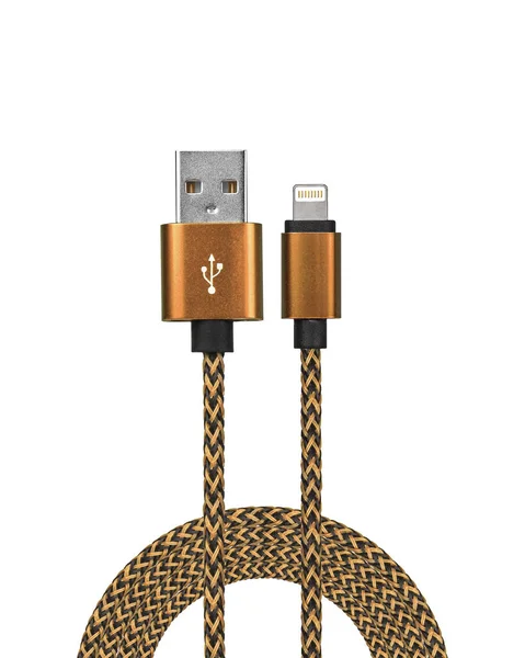 白色背景的圆形增强电缆电话用金色 Usb — 图库照片