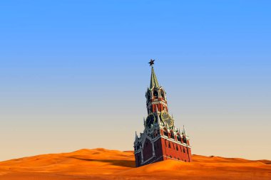 Dunes üzerinde uzun gölge yapma Moskova Kremlin işçinin Kulesi, gerçeküstü kıyamet çöl yatay
