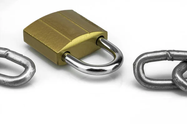 Metal Chain Brass Locked Padlock Isolated White Background — Stock Photo, Image