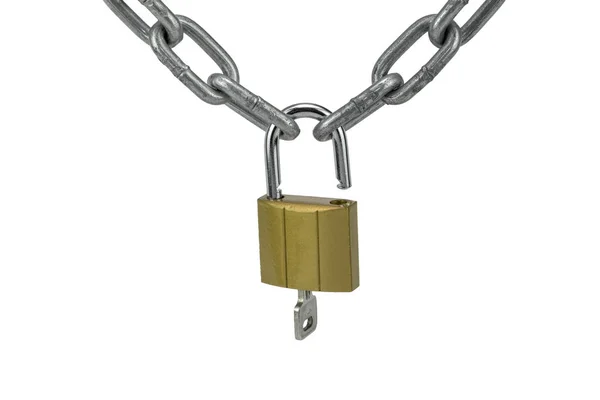 Cadeia Metal Latão Desbloqueado Cadeado Com Chave Isolado Fundo Branco — Fotografia de Stock