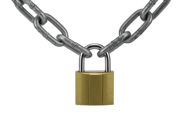 Metal chain and brass locked padlock isolated on white background