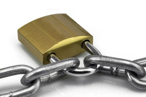 Metal Chain Brass Locked Padlock Isolated White Background Royalty Free Stock Images
