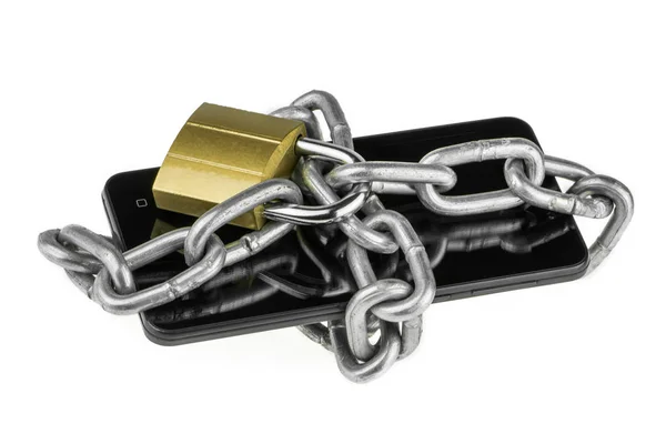 Mobile phone is password protected. The smartphone is wrapped around with the metal chain and locked, isolated on a white background