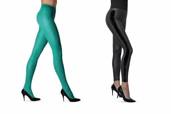 Two Beautiful Sexy Girls Nylon Turquoise Tights Black Leggings High — Stock Photo, Image
