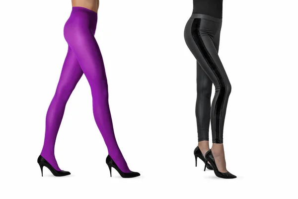 Two Beautiful Sexy Girls Nylon Purple Tights Black Leggings High — Stock Fotó