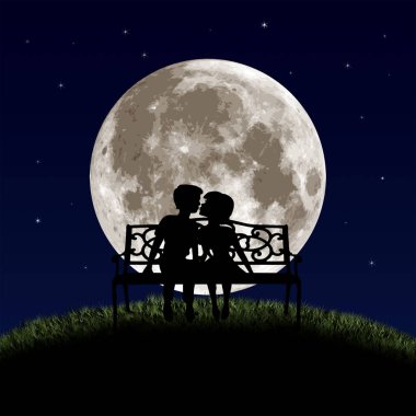 Parktaki sevgililerin siluetlerinin olduğu romantik bir illüstrasyon. Geceleri dev bir dolunaya karşı bankta oturuyorlar. Sevgi dolu bir çift, ay ışığı, yeşil çimenler ve koyu mavi gökyüzü. Aşk ve güzellik kavramı