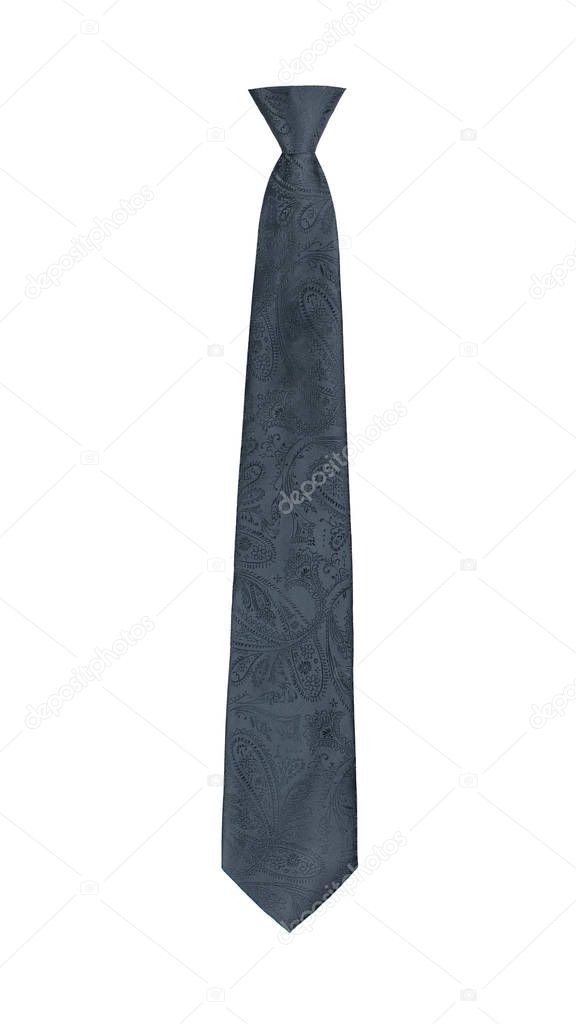 Paisley pattern stylish narrow tied dark grey tie isolated on white background. Men fashion and shopping concept