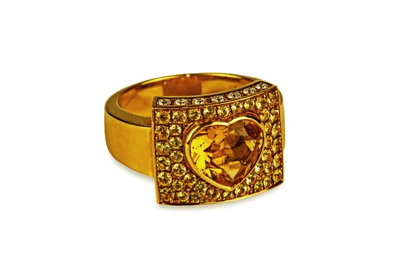 Δαχτυλίδι Χρυσό Διαμάντια Και Μεγάλο Κόσμημα Σχήμα Καρδιάς Στο Κέντρο — Φωτογραφία Αρχείου