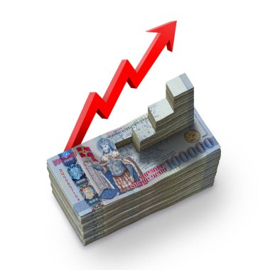 A stack with Armenian Dram in AMD 100,000 banknotes and red arrow schedule with money grow up on white background. Business and finance concept