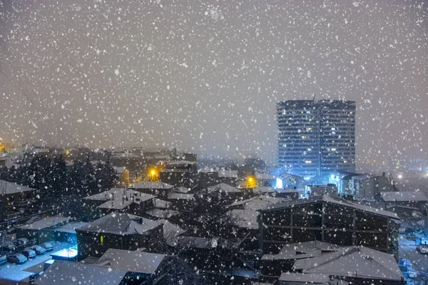 Snow Storm Night City Beautiful Night View Buildings Snowfall Yerevan — Stock Photo, Image