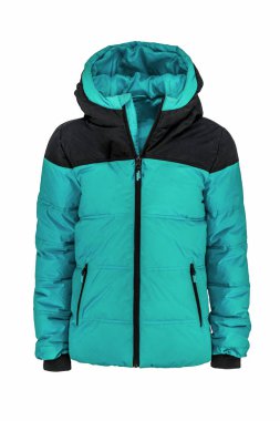 Beyaz arka planda izole edilmiş siyah kapüşonlu, sıcak spor kabarık ceketli erkek turkuazı. Hayalet manken fotoğrafçılığı