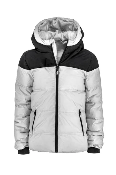 Men White Black Hooded Warm Sport Puffer Jacket Isolated White — ストック写真