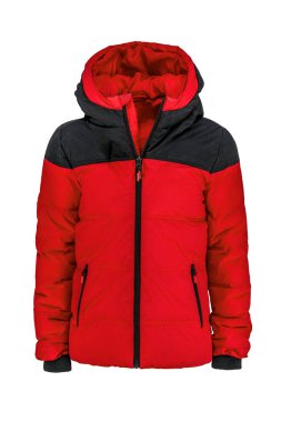 Men's red with black hooded warm sport puffer jacket isolated over white background. Ghost mannequin photography