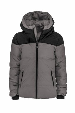 Beyaz arka planda izole edilmiş siyah kapüşonlu, sıcak spor kabarık ceketli erkekler. Hayalet manken fotoğrafçılığı