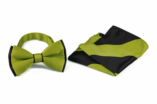 Set Stylish Man Black Lime Green Pocket Handkerchief Bow Tie — Stock Fotó